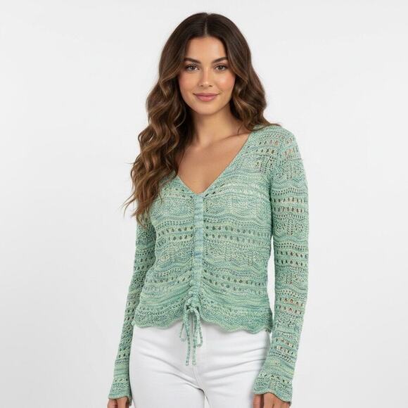 Ultra Flirt Sweaters - Mint Green Open Knit Ruched Sweater Long Bell Sleeves Scalloped Hem V Neck Airy